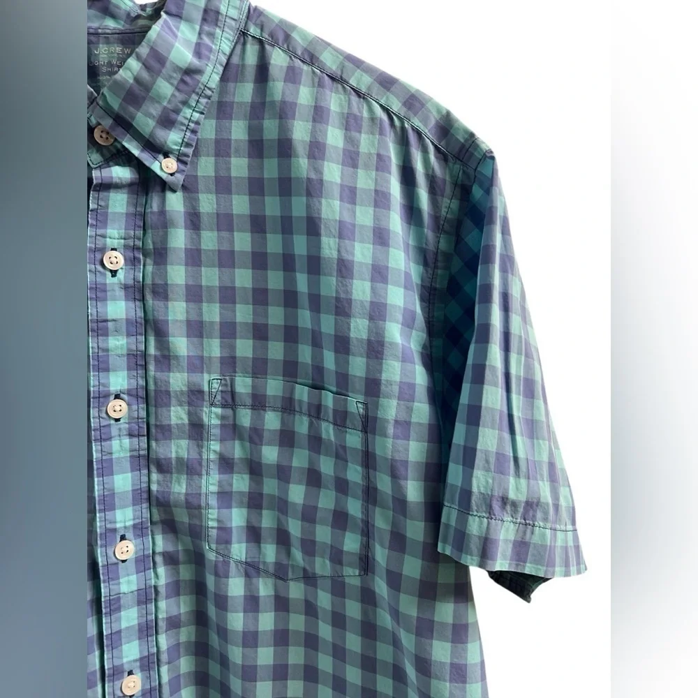 J crew purple and blue short sleeve plaid button down shirt